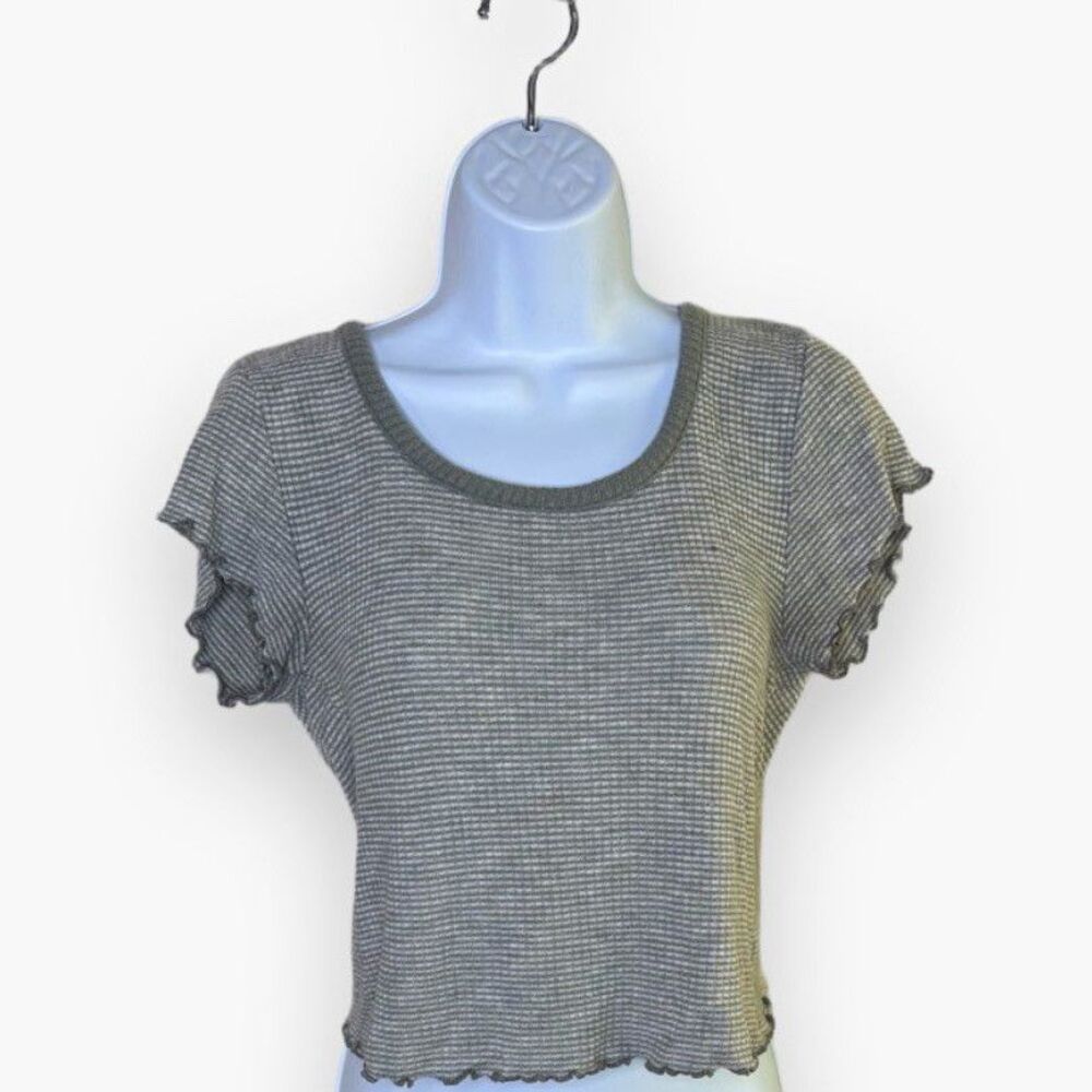 Abercrombie & Fitch Green White Striped Waffle Knit Scoop Neck Crop Tee Size S